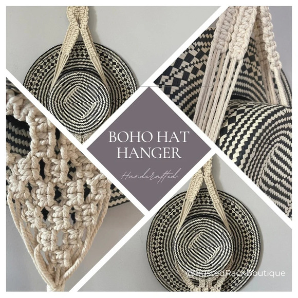 Boho Hat  Hanger Macrame Natural Handcrafted Wall Hanging One Size - Picture 1 of 13